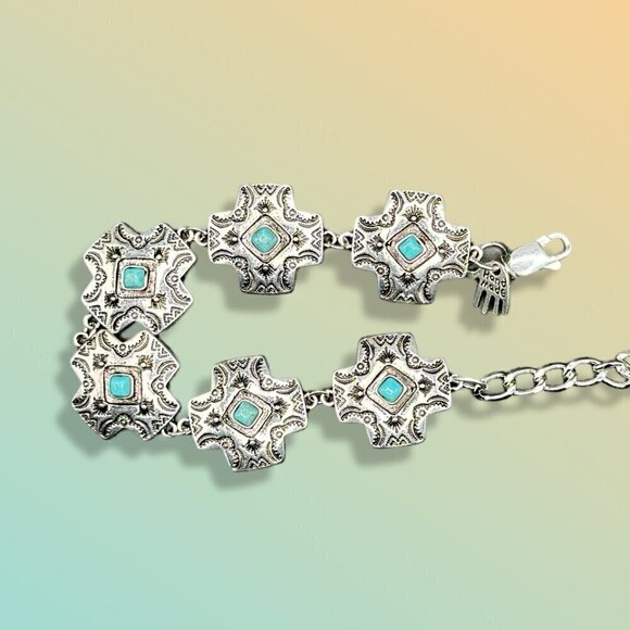 Faux Turquoise and Silver Tone Concho Chain Bracelet #1440 - Picture 4 of 4